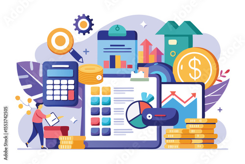 Business expense billing solutions abstract concept featuring analytics tools, financial items, and documentation for effective financial management