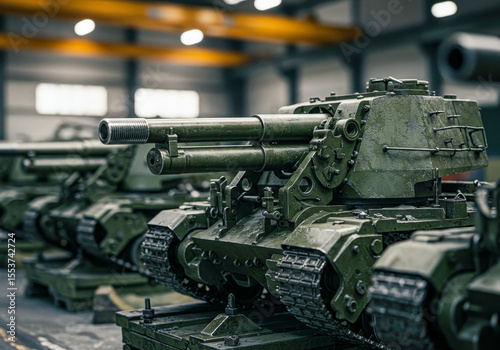 Green military vehicle, a war machine with a barrel. Production of army equipment in a military industrial factory for defense industry.