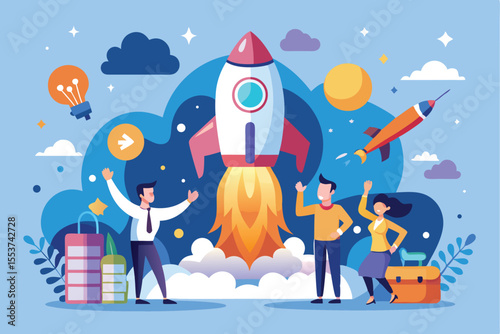 Team celebrates successful launch of startup with innovative ideas and strong collaboration as a rocket takes off against a vibrant sky