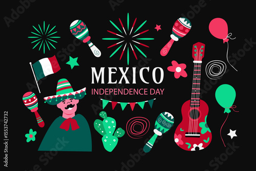 Viva Mexico. Independence Day set elements. Vector illustration