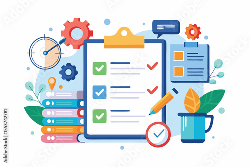 Project management checklist with colorful graphics for task tracking and planning in an organized workspace
