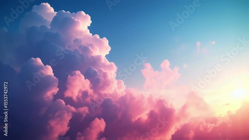 Vaporwave style sky with pink and purple clouds over bright blue sky, abstract dreamy atmosphere. Seamless video loop. Generated AI