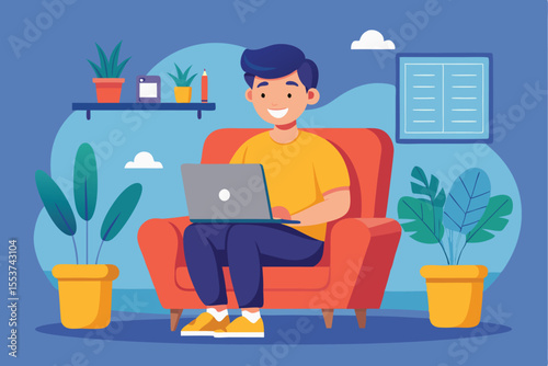Happy young freelancer working on a laptop at home in a bright and cozy environment surrounded by plants and cheerful decor