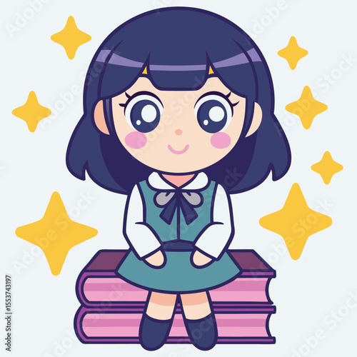 Animated girl with dark hair sits on a stack of books among yellow stars