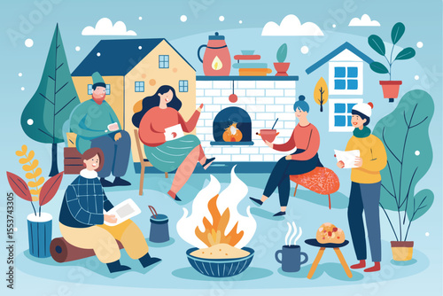 Cozy hygge gathering with friends around the fireplace in a winter setting enjoying warm food and drinks