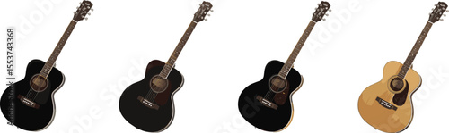 Four Acoustic Guitars in Various Angles and Colors, Including Black and Natural Wood Finishes, Perfect for Music, Concerts, Hobbies, Learning Instruments, and Creative Art Projects.