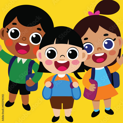 Diverse cheerful children, each wearing backpacks, are smiling and waving on a yellow background