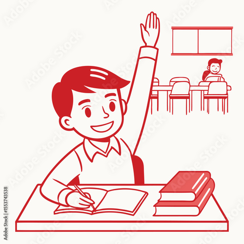 Smiling student with hand raised writes in his book while another studies