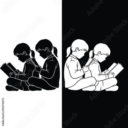 Two Children Silhouettes Engaged in Reading and Learning, Depicting Education, Knowledge Acquisition, Childhood Literacy, and Study Habits, Ideal for Educational and Development Concepts.