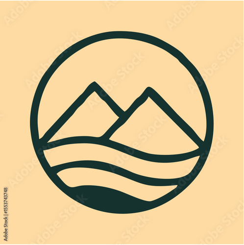 Mountain and Waves Minimalist Vector Emblem, A simple yet elegant emblem logo featuring stylized green mountains above flowing waves within a circular badge—ideal for travel, eco-tourism, or outdoor a