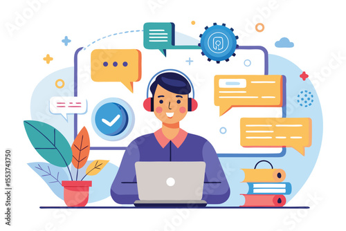 Customer support representative engaging with clients through online service management using a laptop and headset, surrounded by chat icons and client feedback elements
