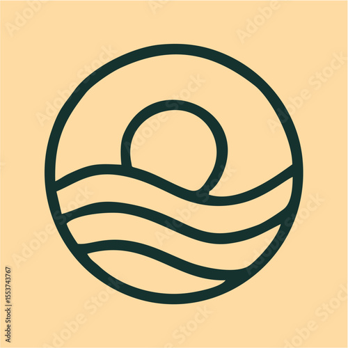 Sunrise Waves Minimalist Emblem Vector Logo, A modern emblem featuring a rising sun above stylized waves within a circular badge, rendered in dark green on beige—ideal for coastal branding, wellness, 