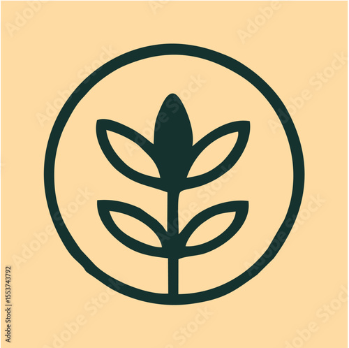Minimalist Plant Emblem Logo with Bud and Leaves, A simple dark green plant with three leaves and a central bud enclosed in a circular frame, symbolizing growth, nature, and sustainability—ideal for o