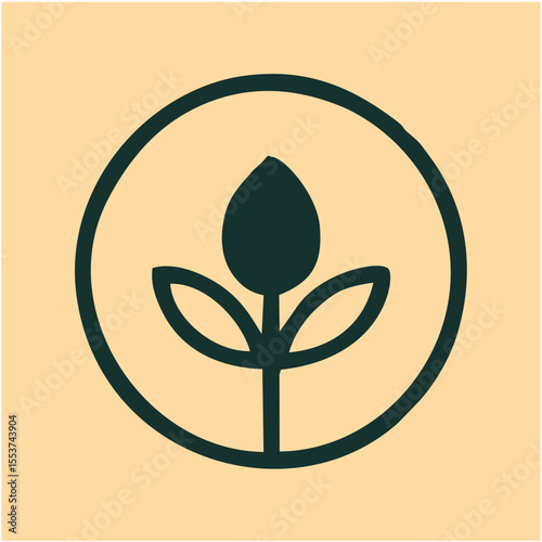 Minimalist Plant Emblem Logo with Bud and Leaves, A simple dark green plant with three leaves and a central bud enclosed in a circular frame, symbolizing growth, nature, and sustainability—ideal for o