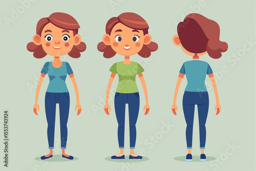 Casual woman character constructor for animation showcasing versatile design from multiple angles and perspectives for animators to utilize in projects