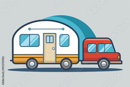 Small modern car in vibrant red color towing a cute tiny house trailer with a playful design under a clear blue sky