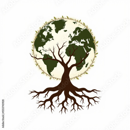 Artistic representation of a tree with roots and a globe background  