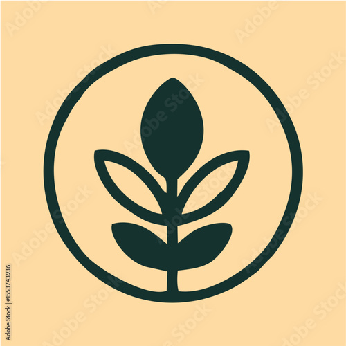 Minimalist Plant Emblem Logo with Bud and Leaves, A simple dark green plant with three leaves and a central bud enclosed in a circular frame, symbolizing growth, nature, and sustainability—ideal for o