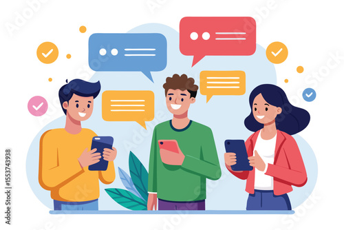 Engaging young people communicate through speech bubbles while using smartphones in a lively digital conversation
