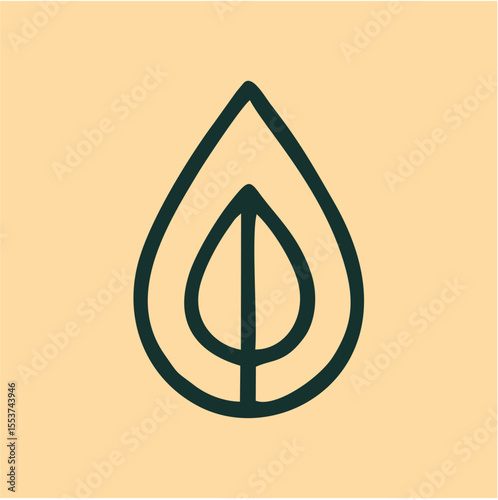 Leaf inside droplet emblem in dark green on beige, symbolizing nature and sustainability. Ideal for eco brands, wellness, and environmental awareness visuals.