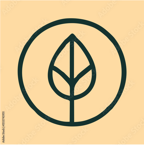 Minimal leaf emblem in dark green on beige, featuring a stylized stem with balanced leaves. Perfect for organic, botanical, or eco-focused branding.