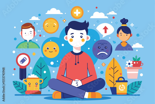 Exploring emotional states and resilience through vector illustration, showcasing various feelings and symbols of mental well-being in a vibrant and engaging design
