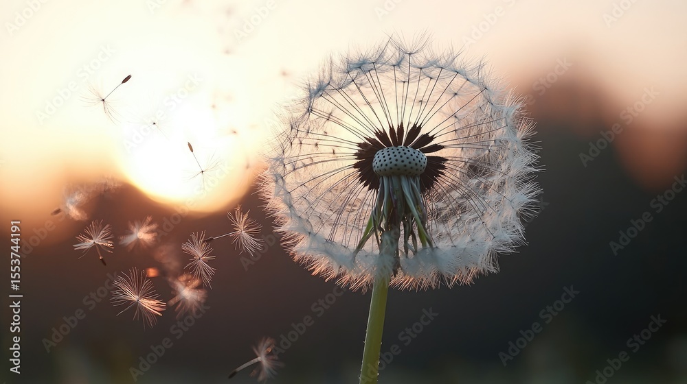 Naklejka premium Dandelion seeds floating in the sunset light.