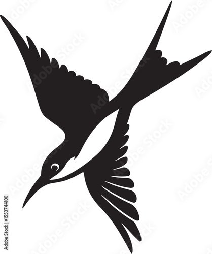 Flying bird silhouette elegant design, Bird in motion black and white minimal drawing