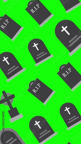 Halloween Tombstone Symbols Pattern Animation with Chroma Key Green Screen. Loop-ready Stop Motion. Perfect for vertical overlays and motion backgrounds.