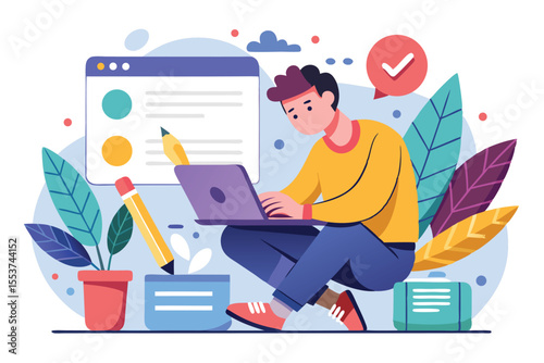 Man focused on creating engaging blog content at home during the afternoon, surrounded by plants and colorful digital elements