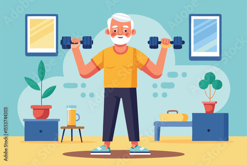 Senior man exercises with dumbbells in a bright home gym, focusing on strength training and fitness at any age for a healthier lifestyle