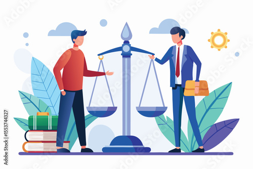 Balancing justice and individual interests as legal professionals engage with a client during a consultation in a serene setting with law books and scales