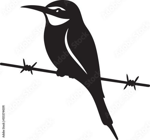 Bird perched on barbed wire silhouette design, Wildlife bird on wire black and white art