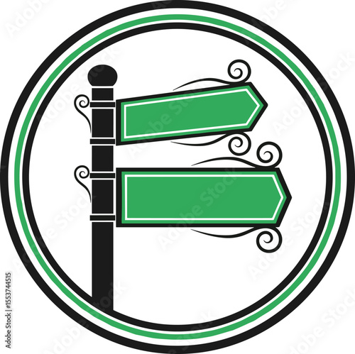 Green Street Signpost with Blank Arrows in a Circular Frame, Symbolizing Direction, Guidance, Choices, Travel Destinations, Decision Making, and Navigation for Business and Life Paths.
