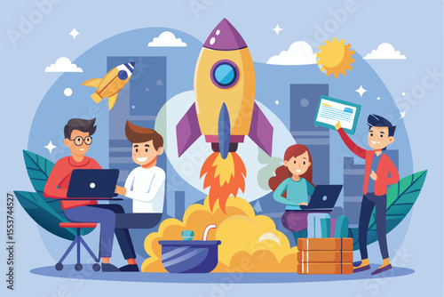 Startup accelerator promotes innovation and technology through teamwork and creativity in a dynamic urban setting with a rocket launch