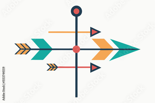 Minimalist wind vane featuring a geometric arrow design with clean lines and bright colors, indicating wind direction and adding a modern touch to outdoor decor