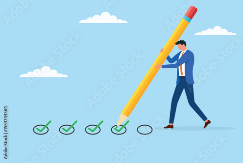 Vector illustration of a businessman drawing an approval sign with a giant pencil, symbolizing validation, achievement, and the power to authorize or affirm positive outcomes
