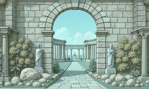 Vintage Roman ruins with stone arch, botanical tree, and floral details — classical landscape wallpaper vector for decor, art, and historical design