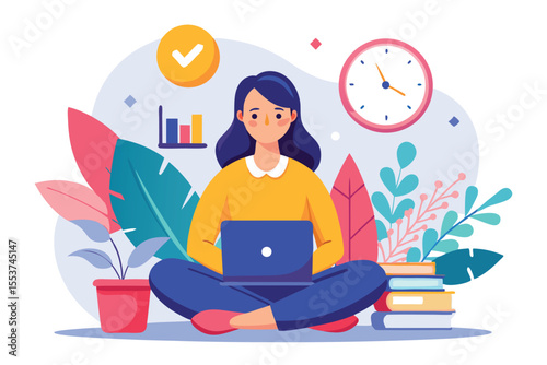 Productive woman focused on time management while sitting cross-legged with a laptop in a cozy workspace surrounded by plants and books
