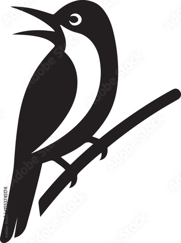 Bird singing on a branch in silhouette style, Songbird perched illustration for design use
