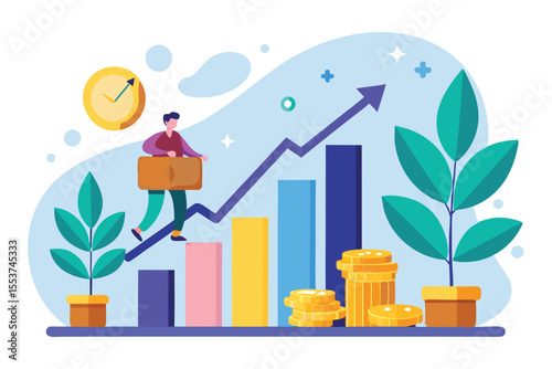 Long term investment strategy illustrating business growth through a progress chart with plants and coins in a vibrant setting