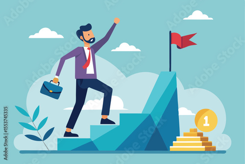 Man achieves business success by climbing stairs toward a flag symbolizing goals and prosperity in a flat design illustration