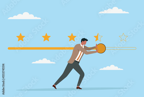 Vector illustration of a businessman pushing the review bar from bad to good, symbolizing effort, improvement, and determination to enhance performance and customer satisfaction
