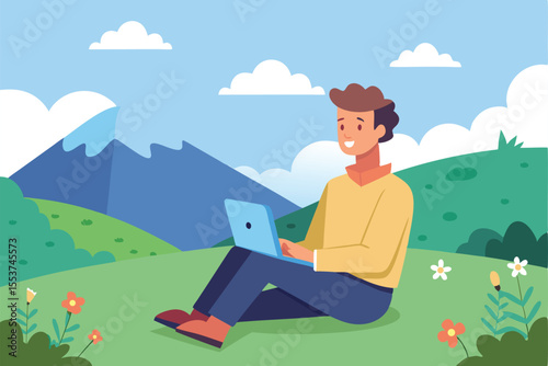 Relaxed freelancer enjoys work on a sunny hilltop while surrounded by nature and mountains in the background during a peaceful afternoon