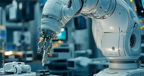 A robotic arm precisely solders components onto a circuit board in a modern, high-tech factory.