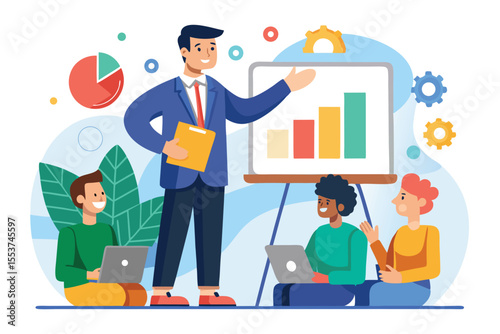 Leader presenting business strategy during team meeting with visual graphs and engaged audience