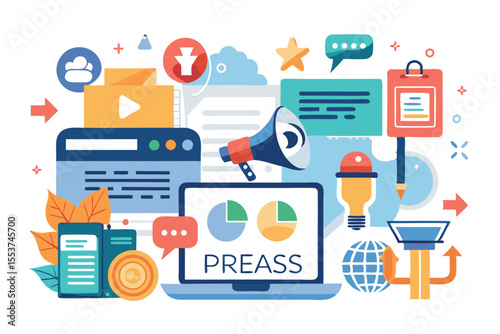 Illustration highlighting elements of press release and media communication in a digital environment with various communication tools