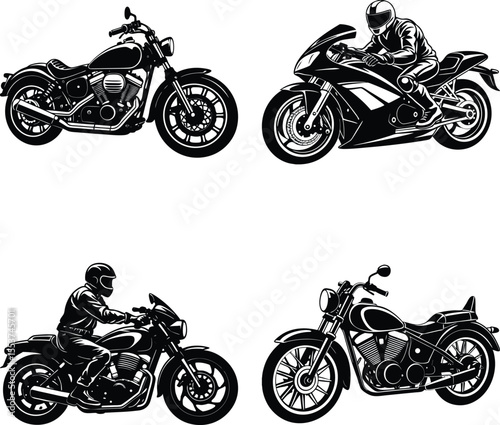 set of motorcycles   
Skeleton riding motorcycle, windy urban adventure, flat style, icons set, vector.
