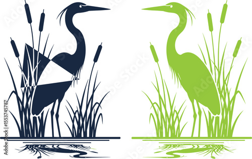 Heron Birds in Wetland Habitat with Cattails and Water Reflection, Presented as Stylized Black and Green Silhouettes, Ideal for Nature Reserves, Wildlife Conservation, and Environmental Designs.