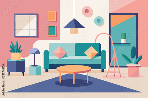 Minimalist living room with geometric furniture featuring plants and decorative elements for a cozy atmosphere